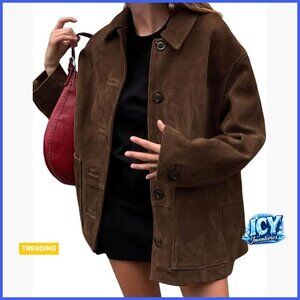 Faux Suede Leather Boyfriend Shacket Coat Midi Long Button Down